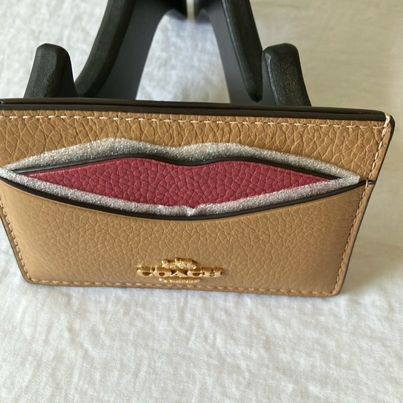 Coach: Tan Slim Credit Card Holder with Pink Lips- Wallet - Picture 5 of 16